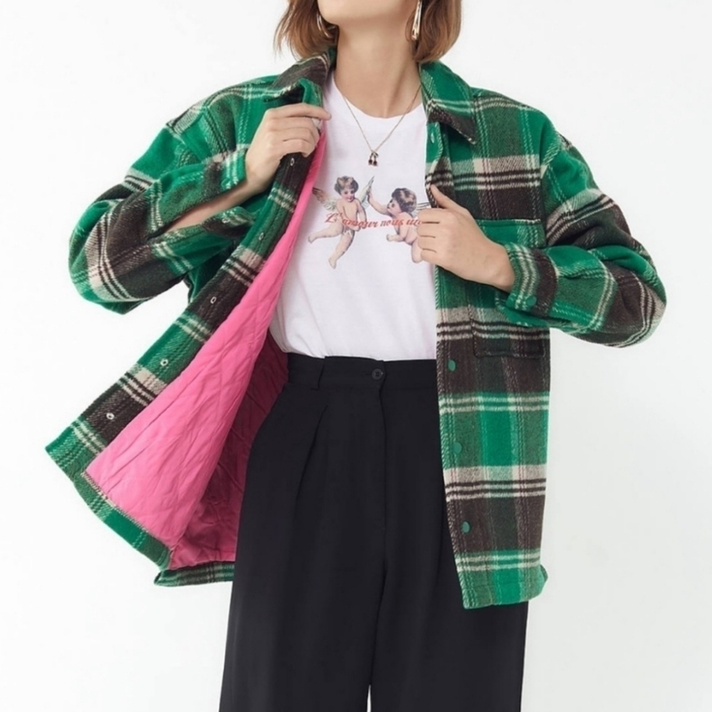Urban Outfitters Green Plaid Jacket with Pink Lining Size XS